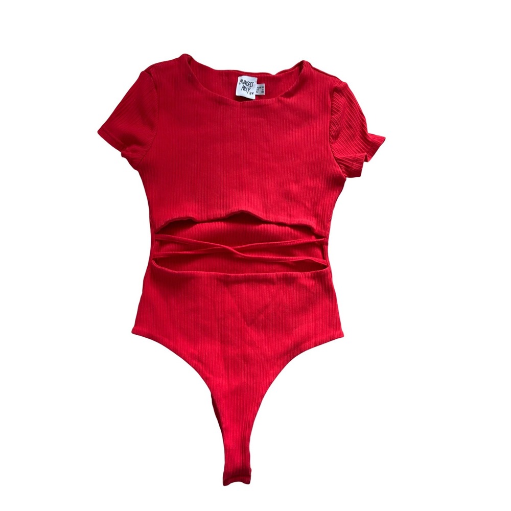 Princess Polly Red Ribbed Cutout Bodysuit Short Sleeve US 6